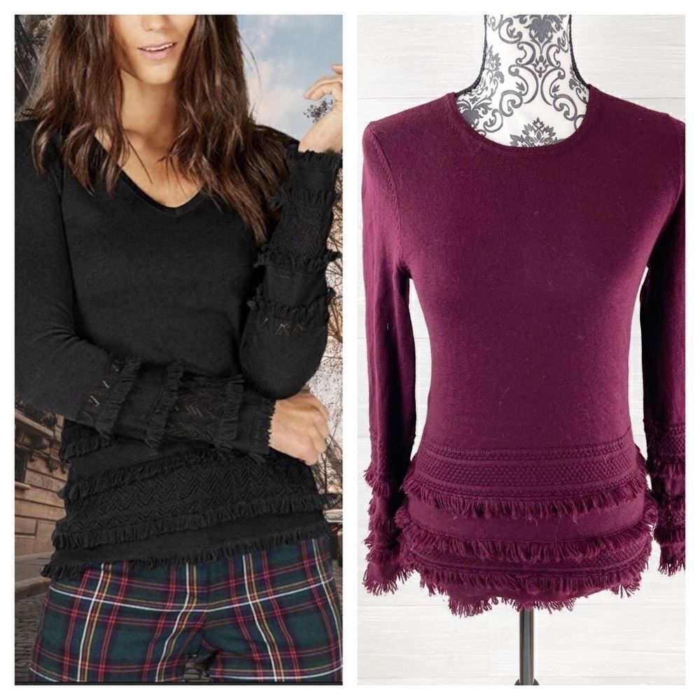 Trina Turk Pointelle Merino Wool Fringe Crewneck Sweater